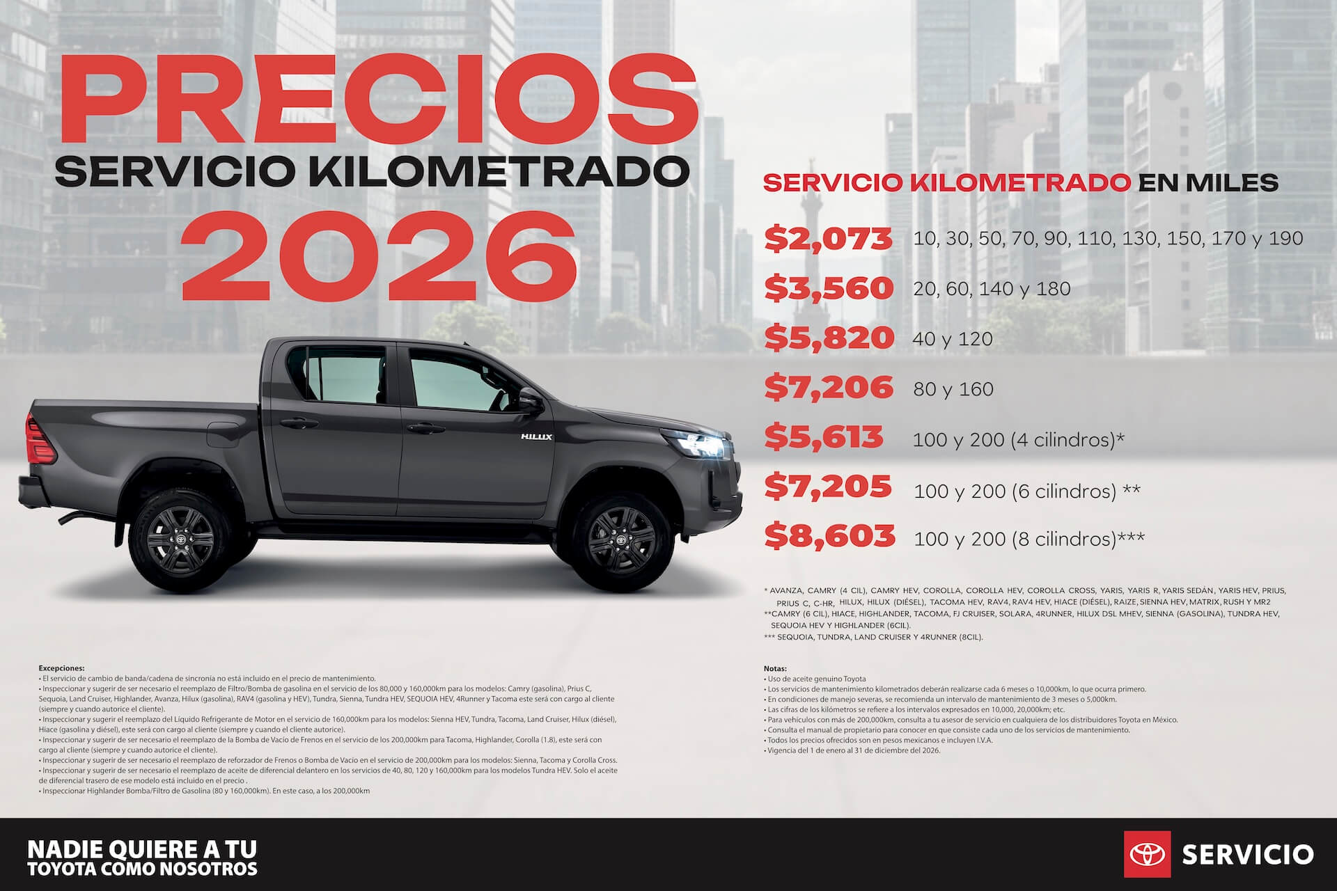 Precios servicios kilometrados 2026